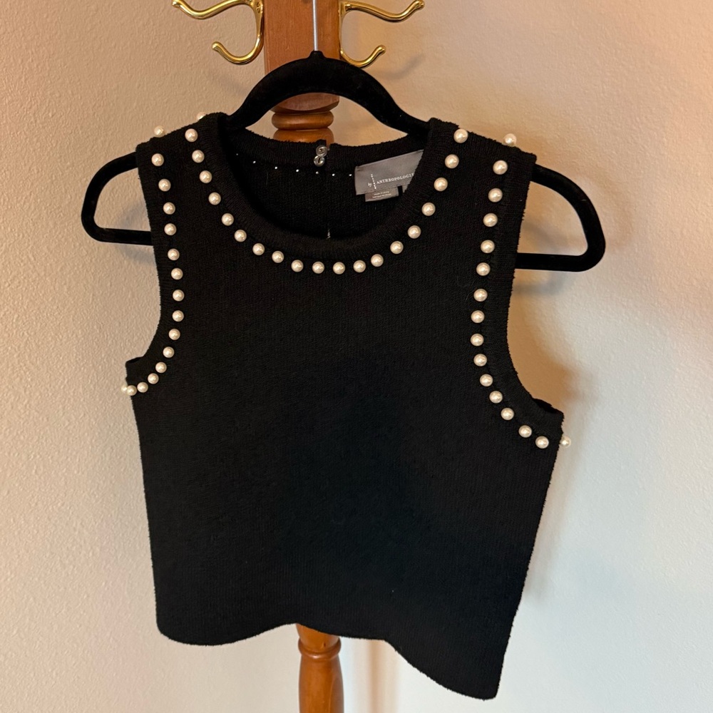 Anthropologie Pearl Embellished Black Sweater Tank Top